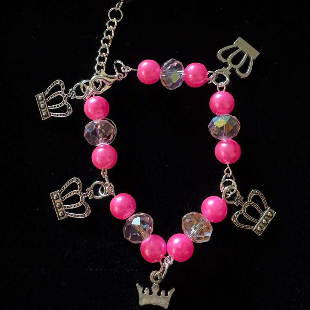 Pink Beaded Bracelet with Crown Charms